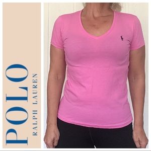 POLO RALPH LAUREN PINK VEE NECK POLO PONY T SHIRT MEDIUM
